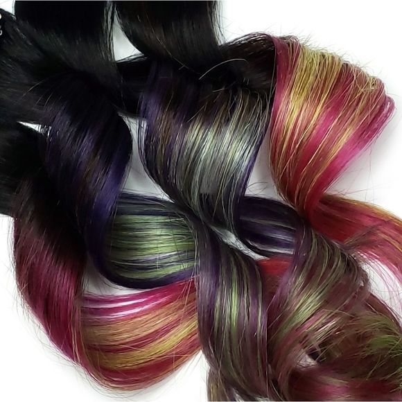 Black rainbow ombre human hair extensions clip in